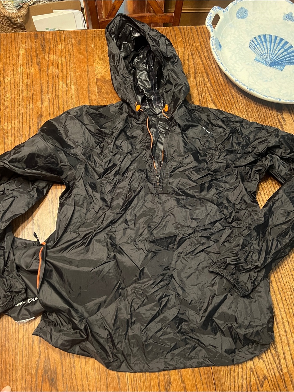 Quechua Packable Black Hooded Rain Anorak with Orange Drawcords
